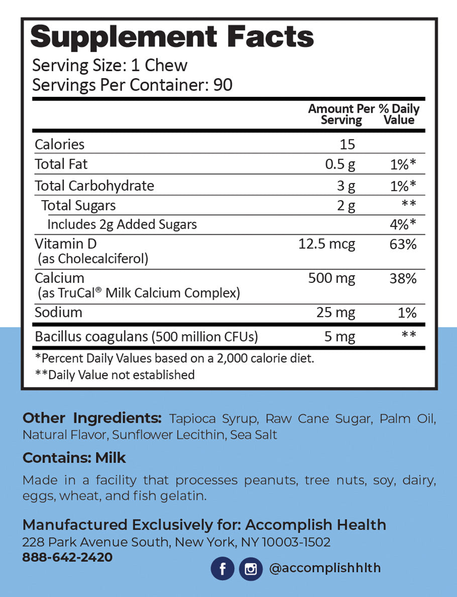 Calcium Chews | Vitamin D & Probiotics | Sea Salted Caramel | 90 Count