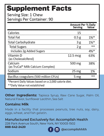 Calcium Chews | Vitamin D & Probiotics | Sea Salted Caramel | 90 Count