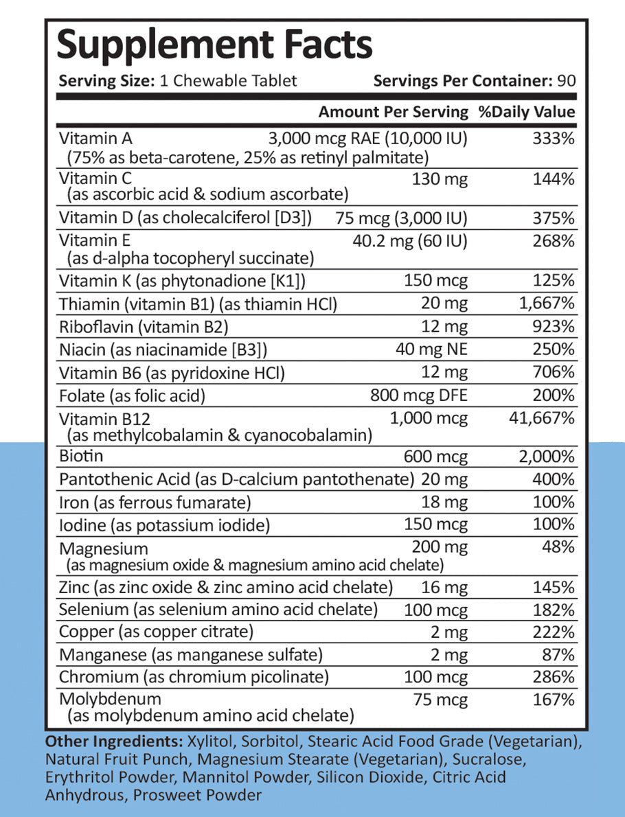 Bariatric Multivitamin | 18 mg Iron | Chewable Capsule | Fruit Punch | 90 Count