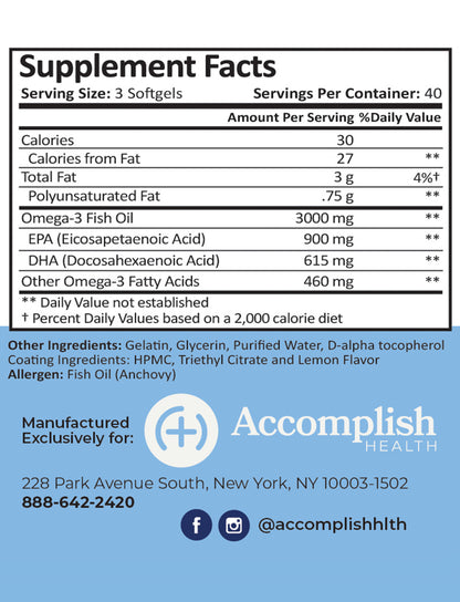 Omega-3 | Lemon-Coated Fish Oil | Softgel | 120 Count