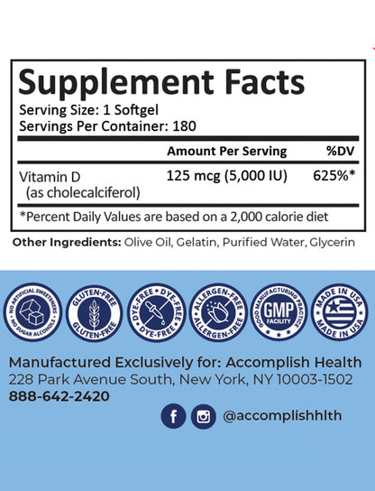 Vitamin D3 | 125 mcg (5000 IU) | Softgel | 180 Count